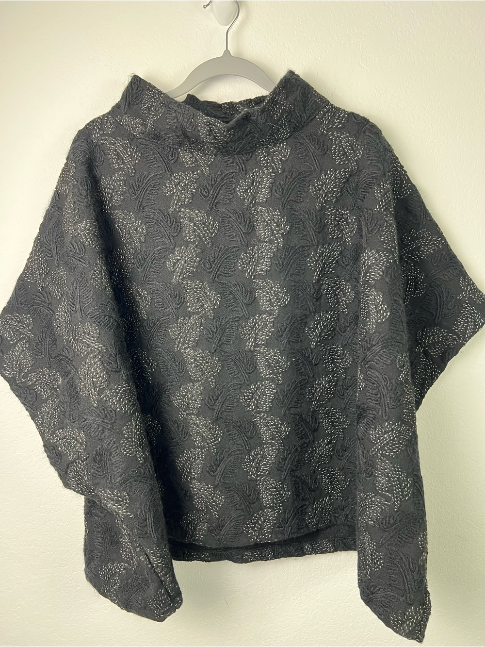 World Market Black Textured Embroidered Leaf Pattern Funnel Neck Poncho Sweater